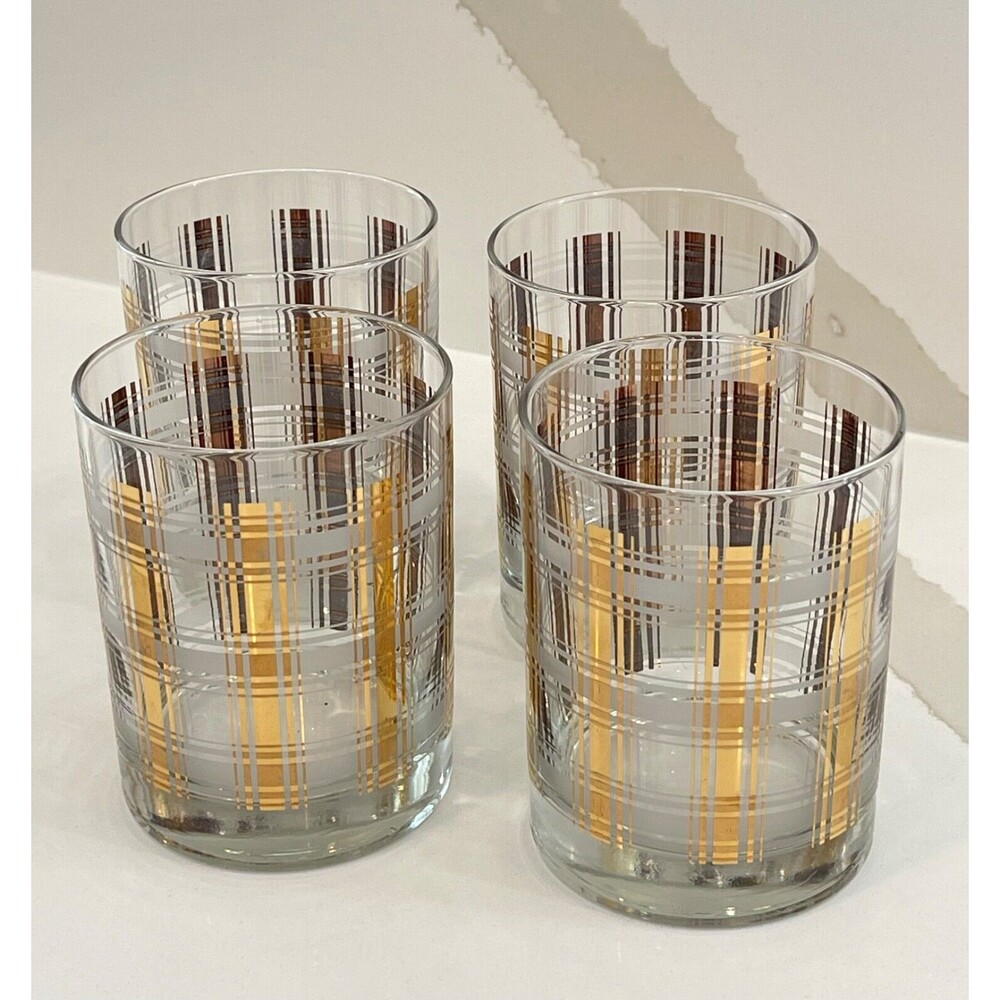 Vintage Mid-Century Modern Gold Culver Plaid Collins Low Ball Glasses Set of 4
